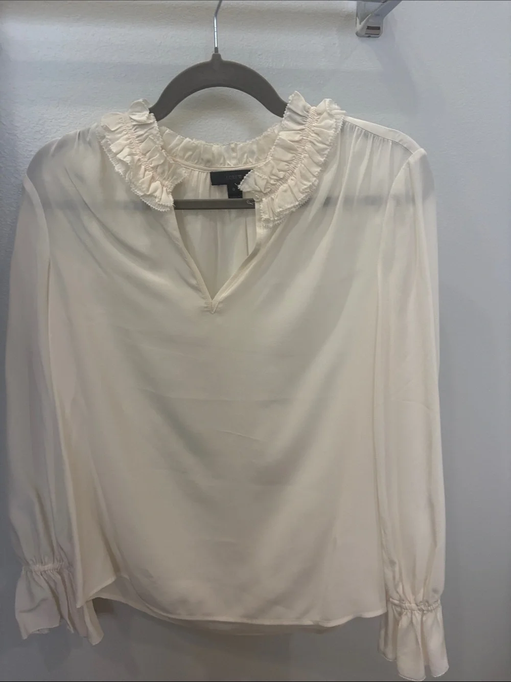 J. Crew Cream Ruffle Collar V-Neck Blouse
